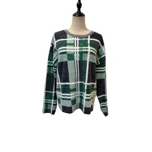 NWT Liz Claiborne Sweater Plaid Green Sz L Soft Minimaliste Preppy Casual